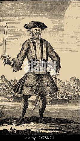 Illustration du pirate anglais Edward Teach (1680-1718), connu sous le nom de Barbe Noire. De 'Une histoire générale des pyrates, de leur première ascension et de l'établissement dans l'île de la Providence, à l'époque actuelle. Avec les actions et les aventures remarquables des deux pyrates Mary Read et Anne Bonny par le capitaine Charles Johnson et Daniel Defoe (1724). Banque D'Images