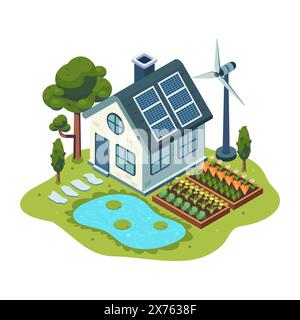 Appartement 3d Isométrique durable Eco-Friendly Home avec panneaux solaires et jardin. Concept de vie durable et de maison écologique. Illustration de Vecteur