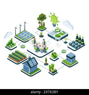 Flat 3d Isomtric Sustainable Business Conference avec la planification urbaine écologique. Concept d'entreprise durable et d'énergie verte Illustration de Vecteur