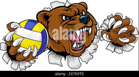 Bear Volleyball volley Claw Grizzly Mascot Illustration de Vecteur