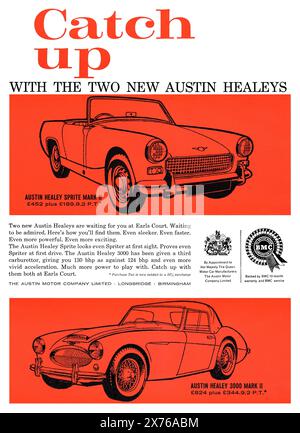 Publicité britannique de 1961 pour les voitures de sport Austin Healey, montrant la Sprite Mark II et la Mark II de 3000 Banque D'Images