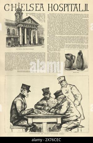 Illustrations vintage croquis à l'hôpital royal de Chelsea, retraités en jeu, années 1880, victorien 19ème siècle Banque D'Images