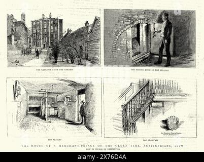 House of a London Merchant Prince, Austinfriars, City, années 1880, XIXe siècle, jardin chambre forte, écuries, escalier Banque D'Images