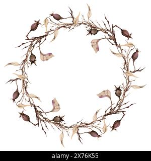 Illustration aquarelle dessinée à la main Shabby boho fleurs botaniques feuilles d'automne tendrils vigne rose branches de hanche brindilles. Cadre de couronne isolé sur blanc Banque D'Images