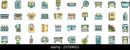 Icônes d'impression numérique définir le vecteur de contour. Imprimante d'ordinateur. Papier couleur de ligne mince numérique plat sur blanc Illustration de Vecteur