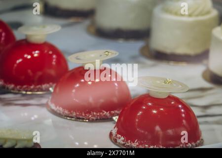 De beaux desserts français dans une vitrine de pâtisserie à Beaulieu-sur-mer, dans le sud de la France Banque D'Images