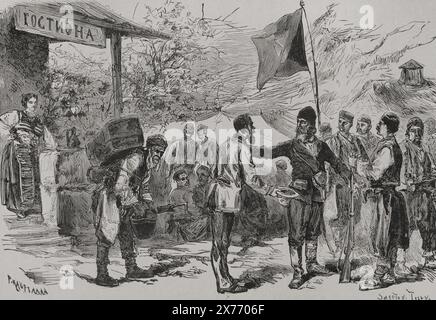 La question orientale. Guerres serbo-ottomanes (1876-1878). La Serbie déclara la guerre à l'Empire ottoman le 30 juin 1876. Serbie. Organisation de groupes insurgés. Dessin de P. Kauffmann. Gravure de Smeeton Tilly. 'La Guerra de Oriente' (la guerre russo-turque). Volume III. 1878. Banque D'Images