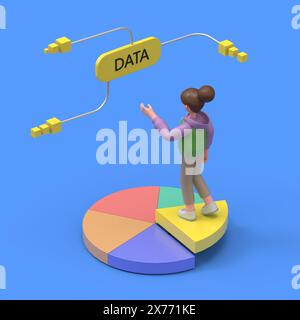 Illustration 3D de la jeune fille asiatique Renae se tient sur une tranche de graphique et grand bouton jaune qui dit données, analyse de données.rendu 3D sur fond bleu Banque D'Images