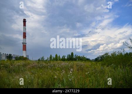 Un champ sauvage et une grande cheminée rayée rouge et blanche d'une chaufferie sur fond de nuages dans un ciel couvert Banque D'Images