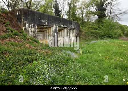 Casemate d'artillerie abandonnée au fort défensif Eben-Emael de la seconde Guerre mondiale, aujourd'hui musée, Bassenge, Belgique. Banque D'Images