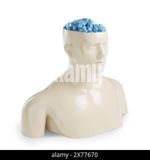 Buste d'un homme avec la tête ouverte et plein de cubes isolés sur fond blanc. illustration 3d. Banque D'Images