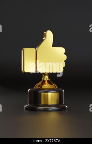 Trophée Golden Thumbs Up isolé sur fond noir. illustration 3d. Banque D'Images