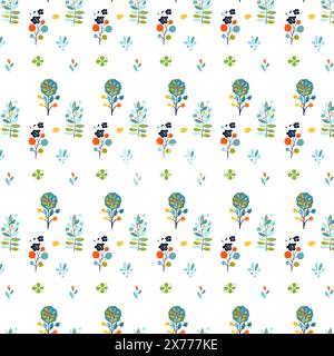 Illustration folklorique sans couture avec simple, boho plat, vert vif enfantin, malachite, fleurs décoratives jaunes, arbres, feuilles jaunes Backgr blanc Illustration de Vecteur