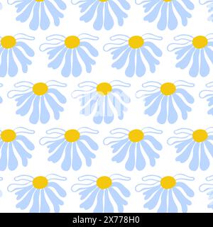 Printemps fond de pâquerettes de prairie Blanc Seamless Summer pattern Blooming Wildflower luxuriant feuillage ornement enveloppant tissu papier peint mosaïque textile Illustration de Vecteur