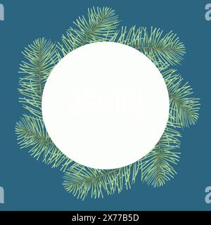 Cadre rond en branches de pin ou d'épicéa. Illustration isolée à l'aquarelle dessinée à la main. Couronne de Noël sur un fond bleu et espace pour le texte Banque D'Images