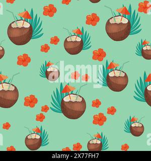 Boisson de noix de coco, hibiscus, fleurs, modèle sans couture, papier numérique, fond jaune, style plat, couleurs rétro Banque D'Images
