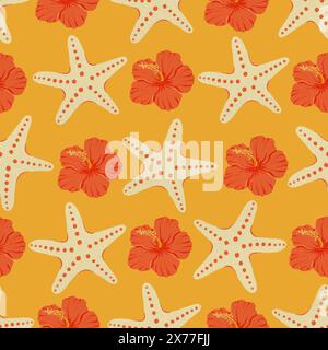 Étoile de mer, motif sans couture d'hibiscus, papier numérique, jaune, fond, style plat, couleurs rétro Banque D'Images