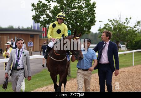 Statut élite monté par le jockey Clifford Lee après avoir remporté les Highclere Castle Gin Carnarvon Stakes à Newbury Racecourse. Date de la photo : samedi 18 mai 2024. Banque D'Images