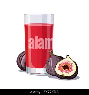 Plein verre de jus de figues pressées rouges fraîchement et en bonne santé isolé sur fond blanc. Illustration vectorielle dans un style plat avec une boisson diététique. Été c Illustration de Vecteur