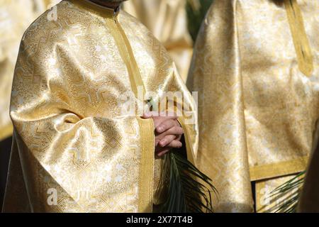 Des prêtres orthodoxes roumains tenant des feuilles de palmier marchent dans les rues de Bucarest lors d'une procession de pèlerinage le dimanche des Rameaux. Banque D'Images