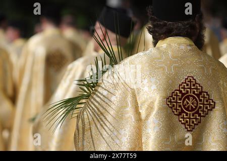 Des prêtres orthodoxes roumains tenant des feuilles de palmier marchent dans les rues de Bucarest lors d'une procession de pèlerinage le dimanche des Rameaux. Banque D'Images