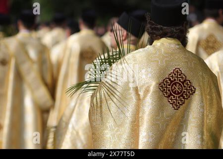 Des prêtres orthodoxes roumains tenant des feuilles de palmier marchent dans les rues de Bucarest lors d'une procession de pèlerinage le dimanche des Rameaux. Banque D'Images