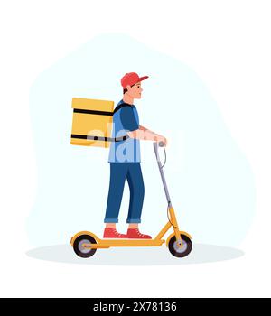 Courrier avec un sac pour livrer de la nourriture sur un scooter électrique. Illustration vectorielle, le concept d'un service de livraison. Banque D'Images