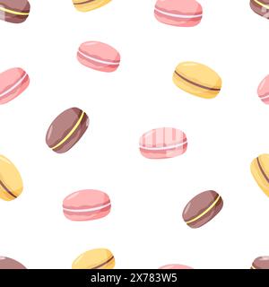 Modèle sans couture avec des biscuits macarons colorés. Fond d'écran vectoriel dessert sucré. Banque D'Images