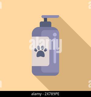 Illustration vectorielle de bouteille de shampooing pour animaux avec étiquette d'impression de patte et distributeur de pompe pour le toilettage et les soins d'hygiène. Motif graphique simple et plat Illustration de Vecteur