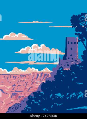 WPA affiche art de Desert View Watchtower ou de la tour de guet indienne sur le plateau sud du parc national du Grand Canyon, Arizona fait en travaux annonce du projet Illustration de Vecteur