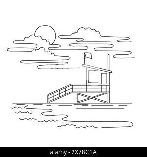 Illustration mono-ligne de Lifeguard Tower sur Venice Beach, Los Angeles County, Californie, États-Unis fait dans le style noir et blanc d'art de ligne monoline. Illustration de Vecteur