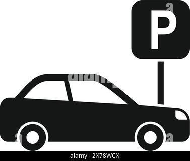 Icône simple représentant une berline garée à côté d'un panneau d'aire de stationnement, dans un style de design plat Illustration de Vecteur
