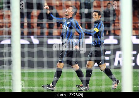 Milan Italie 07/2012 : Thiago Motta et Javier Zanetti, joueurs Inter, pendant le match FC Inter-SC Parme Banque D'Images