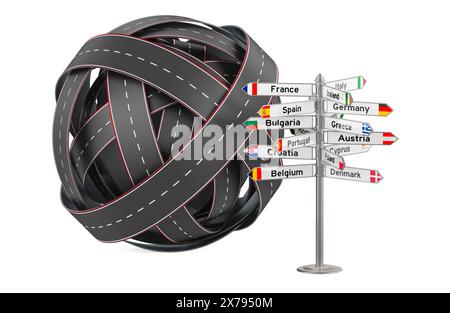 Panneau de signalisation avec noms de pays et nœuds de routes, rendu 3D isolé sur fond blanc Banque D'Images