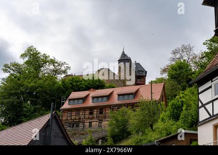 Une petite maison avec un toit rouge se trouve sur une colline. La maison est entourée d'arbres et a une apparence de château. Le ciel est nuageux, donnant à la scène un Banque D'Images