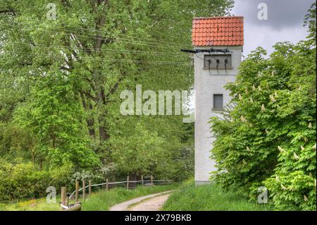 Une tour de transformateur en pierre solitaire se dresse au milieu d'une végétation luxuriante, embrassée par une scène pittoresque de prairies et d'arbres le long d'un petit chemin de gravier. Banque D'Images