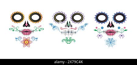 Lot de 3 élégants motifs de crâne de sucre. Style Catrina. Illustration vectorielle. Illustration de Vecteur