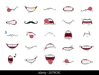 Ensemble de 26 expressions de bouche de dessin animé. Émoticônes de dessin animé drôles. Illustration vectorielle. Illustration de Vecteur