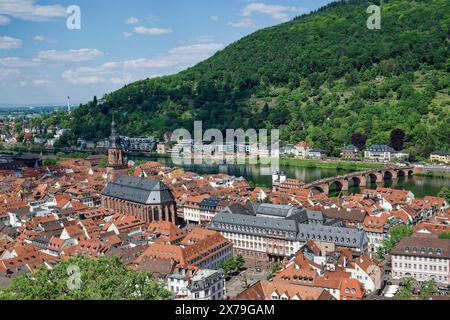 Vue de Heidelberg avec la Heiliggeistkirche et le vieux pont depuis le jardin du château de Heidelberg, Heidelberg, Bade-Wuerttemberg, Allemagne Banque D'Images