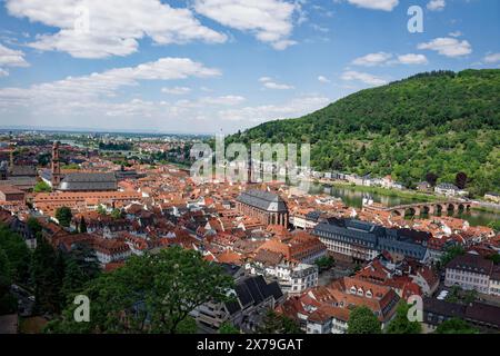 Vue de Heidelberg avec la Heiliggeistkirche et le vieux pont depuis le jardin du château de Heidelberg, Heidelberg, Bade-Wuerttemberg, Allemagne Banque D'Images