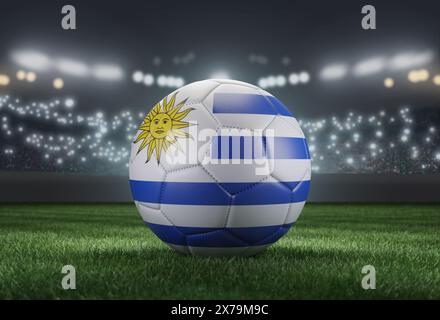 Ballon de football aux couleurs drapeau sur un fond de stade flou et lumineux. Uruguay. Image 3D Banque D'Images