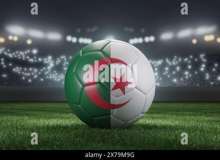 Ballon de football aux couleurs drapeau sur un fond de stade flou et lumineux. Algérie. Image 3D Banque D'Images