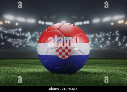 Ballon de football aux couleurs drapeau sur un fond de stade flou et lumineux. Croatie. Image 3D Banque D'Images