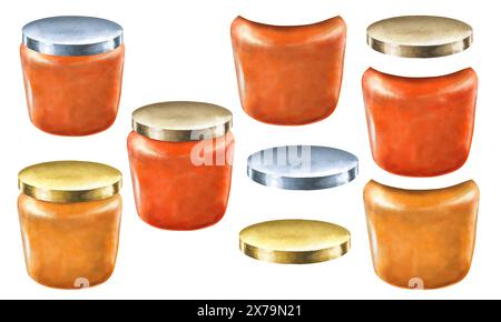Pots en verre avec confiture d'abricots, fermés avec un couvercle en métal. Illustration aquarelle pour la conception de modèle publicitaire pour la récolte douce, les fruits d'été, juic Banque D'Images