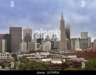 Le panorama des gratte-ciel de San Francisco montre le bâtiment Transamerica et d'autres monuments dans le centre commercial en début de matinée typique du brouillard de mai. Banque D'Images