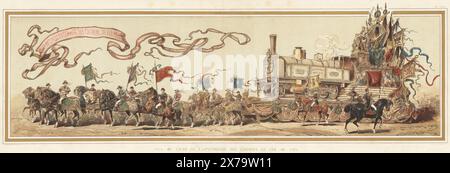 Char de l'apothéose des chemins de fer, 1835-1885. Avec la bannière chariot du 50ème anniversaire des chemins de fer belges. Char de l'apothéose des chemins de fer, 1835-1885. Char du Cinquantenaire des chemins de fer belge. Chromolithographie d’après une illustration d’Armand Jean Heins tirée du cortège historique des moyens de transport d’Edmond Cattier, cortège historique des modes de transport, librairie universelle de Veuve J. Rozez, Bruxelles, 1886. Banque D'Images