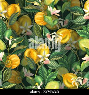 Motif aquarelle sans couture avec citrons en fleurs et branche de citron vert avec des feuilles, des fleurs roses et du citron vert. Fruits jaunes peints à la main et fleur Banque D'Images
