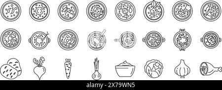 Icônes vectorielles de contour Borsch. Une collection de produits alimentaires de différentes formes et tailles Illustration de Vecteur