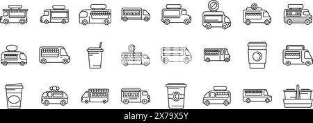 Icônes vectorielles de contour de café de camion de café. Une collection de camions alimentaires et de véhicules. Les véhicules comprennent un camion avec un gobelet dessus, un camion avec un gobelet dessus, un camion avec un gobelet dessus, un camion avec un gobelet dessus Illustration de Vecteur