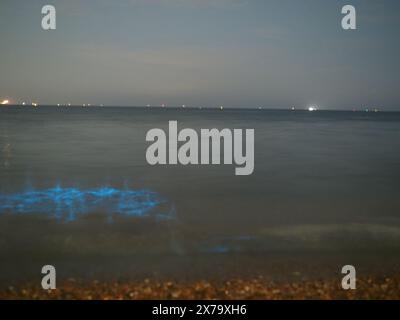 Sheerness, Kent, Royaume-Uni. 18 mai 2024. Météo Royaume-Uni : superbe bioluminescence bleue électrique vive vue à Sheerness Beach dans le Kent ce soir - la couleur est créée lorsque le plancton bioluminescent est perturbé. Les photos montrent des vagues brisées et des pierres jetées dans la mer. Crédit : James Bell/Alamy Live News Banque D'Images